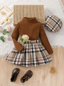 少女高領上衣和格紋飄逸半身裙 - 彩色 - 查看 1