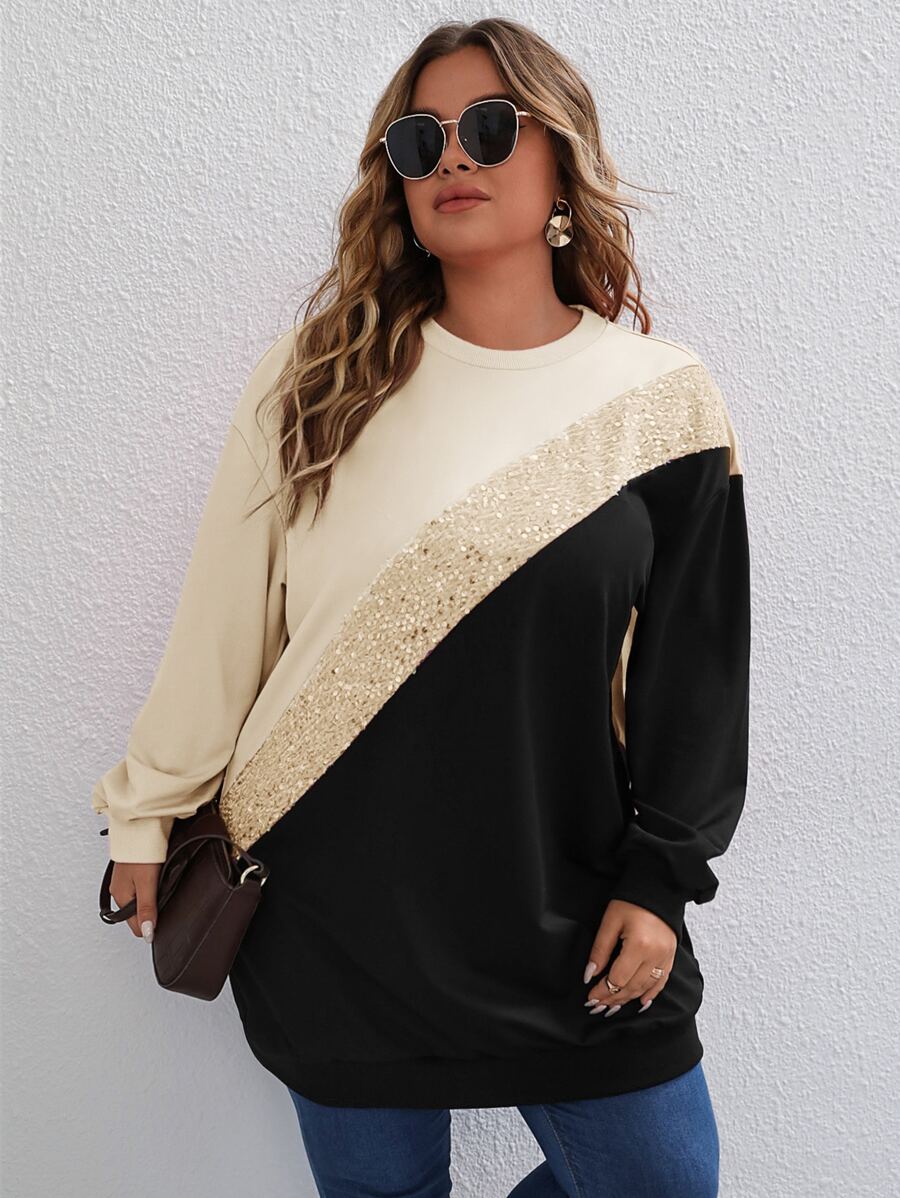 SHEIN LUNE Plus Contrast Sequin Drop Shoulder Sweatshirt - Khaki - View 1