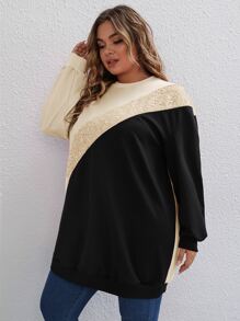 SHEIN LUNE Plus Contrast Sequin Drop Shoulder Sweatshirt - Khaki - View 3