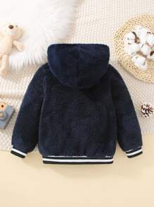 Toddler Boys Striped Trim Hooded Teddy Jacket - Navy Blue - View 2