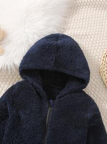 Toddler Boys Striped Trim Hooded Teddy Jacket - Navy Blue - View 3