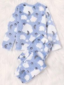 Young Girls' Cloud, Stars, Moon Patterned Pajama Set For Home - Baby Blue - View 2