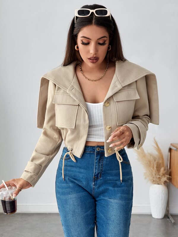Flap Pocket Drawstring Hem Crop Hooded Overcoat SHEIN USA