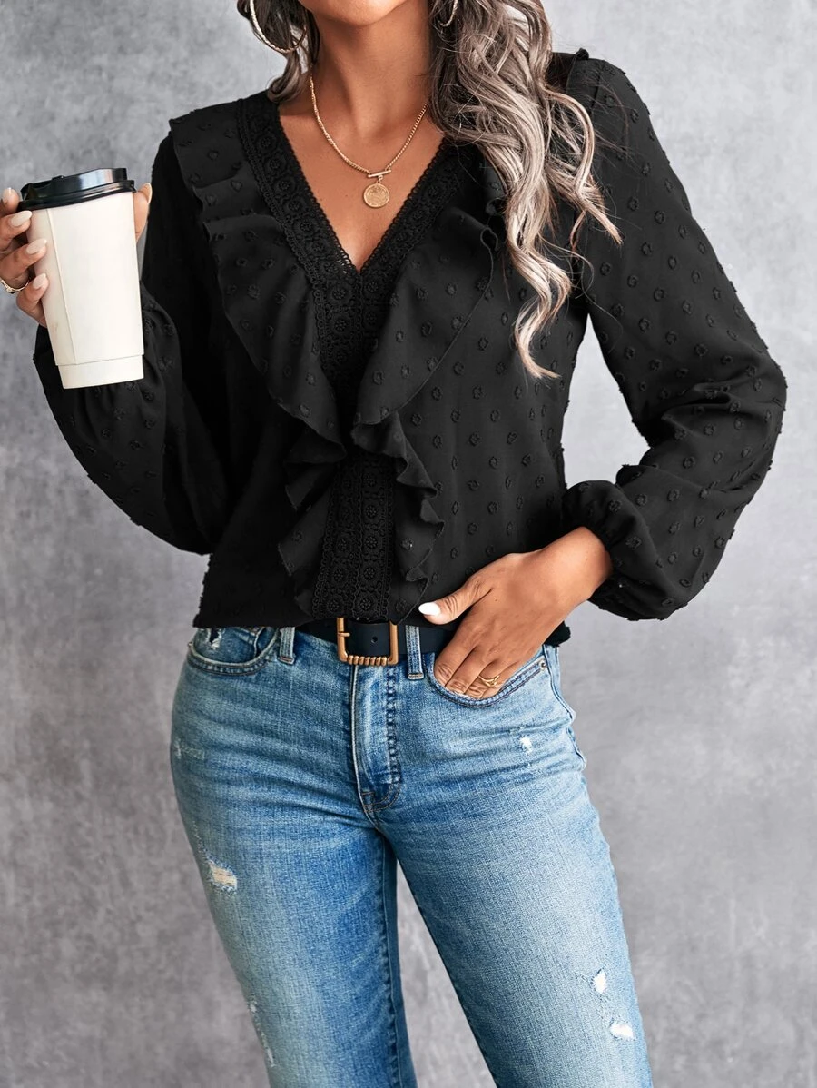 SHEIN Clasi Swiss Dot Ruffle Trim Bishop Sleeve Blouse - Black - View 1