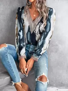 SHEIN Clasi Marble Print Guipure Lace Insert Blouse - Multicolor - View 1