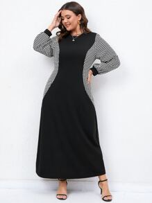 Mulvari Plus Houndstooth Print Lantern Sleeve Dress - Black - View 1