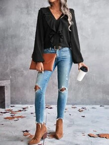 SHEIN Clasi Swiss Dot Ruffle Trim Bishop Sleeve Blouse - Black - View 3