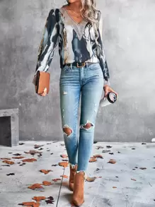 SHEIN Clasi Marble Print Guipure Lace Insert Blouse - Multicolor - View 3