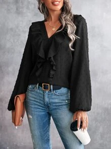 SHEIN Clasi Swiss Dot Ruffle Trim Bishop Sleeve Blouse - Black - View 4