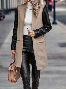 Contrast PU Leather Sleeve Coat - Khaki - View 3