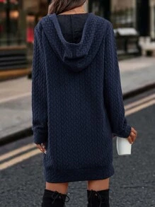 SHEIN LUNE Cable Textured Kangaroo Pocket Drawstring Hoodie Dress - Navy Blue - View 2