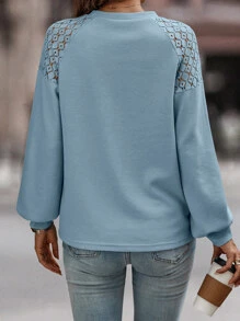 SHEIN LUNE 水溶蕾絲拼接燈籠袖T恤 - 霧霾藍 - 查看 2