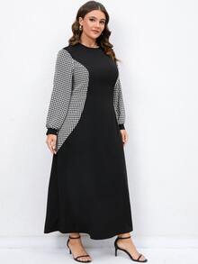 Mulvari Plus Houndstooth Print Lantern Sleeve Dress - Black - View 5