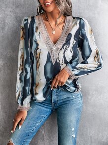 SHEIN Clasi Marble Print Guipure Lace Insert Blouse - Multicolor - View 5