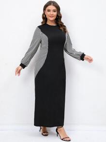 Mulvari Plus Houndstooth Print Lantern Sleeve Dress - Black - View 6
