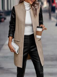 Contrast PU Leather Sleeve Coat - Khaki - View 5