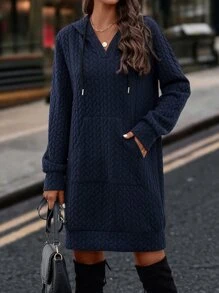 SHEIN LUNE Cable Textured Kangaroo Pocket Drawstring Hoodie Dress - Navy Blue - View 3
