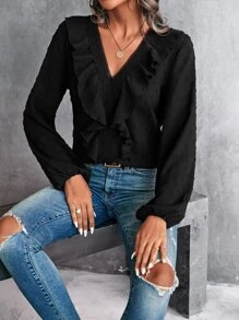 SHEIN Clasi Swiss Dot Ruffle Trim Bishop Sleeve Blouse - Black - View 6