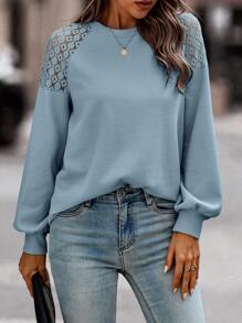 SHEIN LUNE 水溶蕾絲拼接燈籠袖T恤 - 霧霾藍 - 查看 5