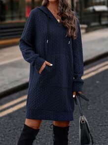 SHEIN LUNE Cable Textured Kangaroo Pocket Drawstring Hoodie Dress - Navy Blue - View 4
