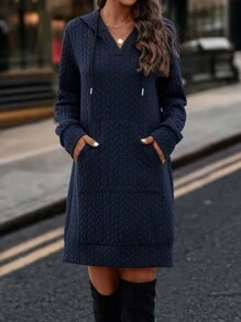 SHEIN LUNE Cable Textured Kangaroo Pocket Drawstring Hoodie Dress - Navy Blue - View 6