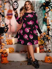 SHEIN Unity Plus Halloween Pumpkin Print Dress - Multicolor - View 3