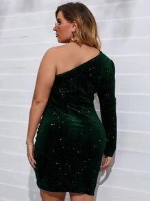 Allurite Plus One Shoulder Tulip Hem Velvet Bodycon Dress - Dark Green - View 2