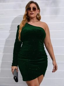 Allurite Plus One Shoulder Tulip Hem Velvet Bodycon Dress - Dark Green - View 4