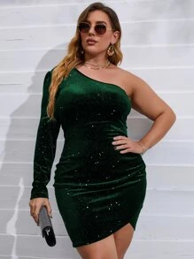 Allurite Plus One Shoulder Tulip Hem Velvet Bodycon Dress - Dark Green - View 6