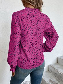 SHEIN LUNE Ditsy Floral Notched Neck Flounce Sleeve Blouse - Hot Pink - View 2