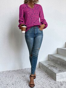 SHEIN LUNE Ditsy Floral Notched Neck Flounce Sleeve Blouse - Hot Pink - View 5