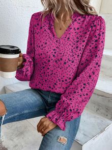 SHEIN LUNE Ditsy Floral Notched Neck Flounce Sleeve Blouse - Hot Pink - View 6