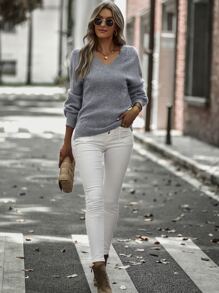 落肩袖麻花編織套頭毛衣