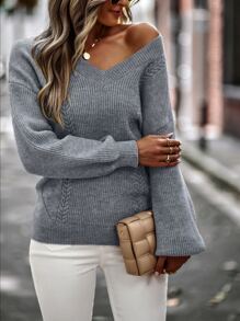 落肩袖麻花編織套頭毛衣