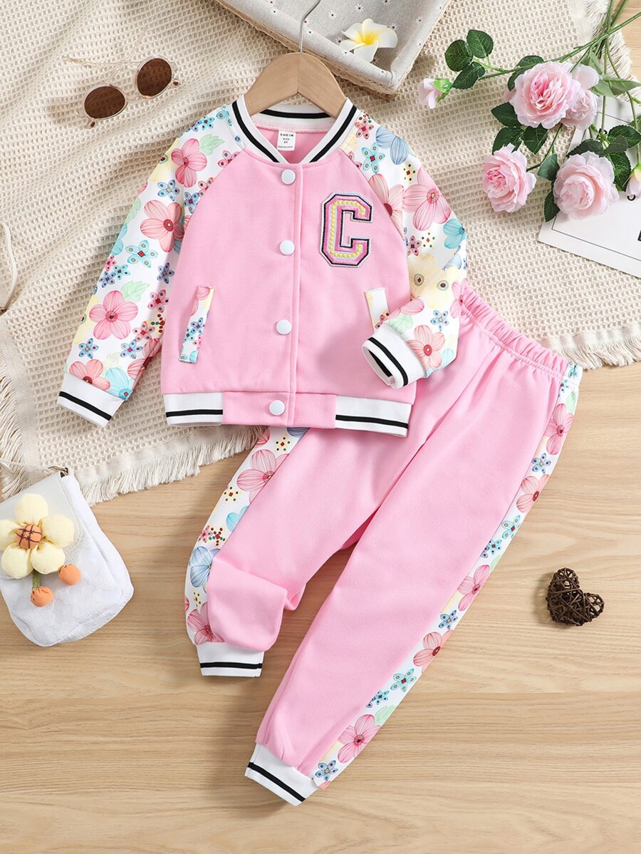 SHEIN Chaqueta Estilo Universitaria Con Mangas Raglán Y Estampado Floral Para Niña Y Pantalones De Chándal A Juego - Rosa Pálido - Ver 1