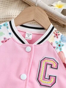SHEIN Chaqueta Estilo Universitaria Con Mangas Raglán Y Estampado Floral Para Niña Y Pantalones De Chándal A Juego - Rosa Pálido - Ver 3