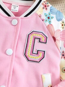 SHEIN Chaqueta Estilo Universitaria Con Mangas Raglán Y Estampado Floral Para Niña Y Pantalones De Chándal A Juego - Rosa Pálido - Ver 4