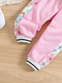 SHEIN Chaqueta Estilo Universitaria Con Mangas Raglán Y Estampado Floral Para Niña Y Pantalones De Chándal A Juego - Rosa Pálido - Ver 5