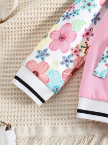 SHEIN Chaqueta Estilo Universitaria Con Mangas Raglán Y Estampado Floral Para Niña Y Pantalones De Chándal A Juego - Rosa Pálido - Ver 6