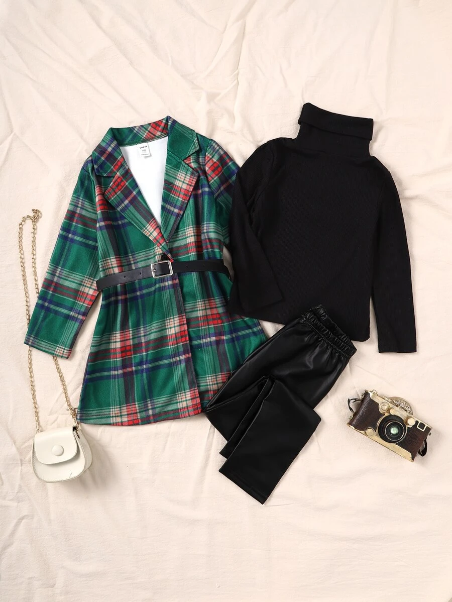 小女童格紋西裝領外套和高領T恤和PU皮革長褲 - 彩色 - 查看 1