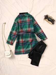 小女童格紋西裝領外套和高領T恤和PU皮革長褲 - 彩色 - 查看 2