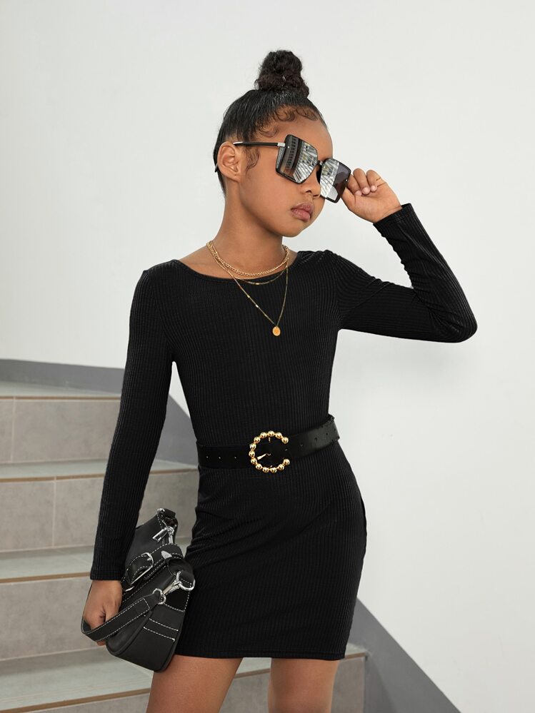 SHEIN Leap Crew Tween Girl Crisscross Back Rib-Knit Dress Without Belt - Black - View 2