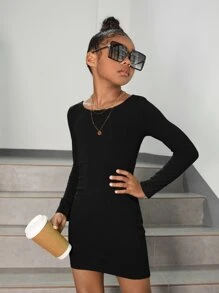 SHEIN Vestido De Malha Costela De Menina Pré-adolescente Com Costas Entrecruzadas Sem Cinto