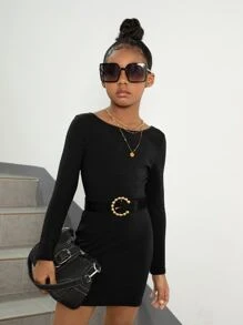 SHEIN Vestido De Malha Costela De Menina Pré-adolescente Com Costas Entrecruzadas Sem Cinto
