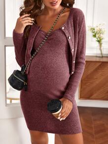 SHEIN Maternity Button Front Rib Knit Tee & Bodycon Dress Set