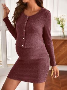 SHEIN Maternity Button Front Rib Knit Tee & Bodycon Dress Set