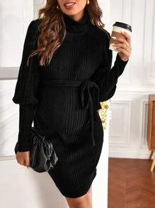 SHEIN 孕婦高領羊腿袖繫腰帶洋裝