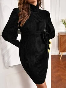 SHEIN 孕婦高領羊腿袖繫腰帶洋裝