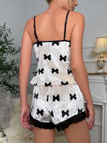 Bow Print Tie Front Contrast Lace Velvet Set, White Set Bow Tie, Fall Winter Clothes