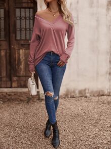 SHEIN LUNE Button Cuff Drop Shoulder Tee - Dusty Pink - View 3